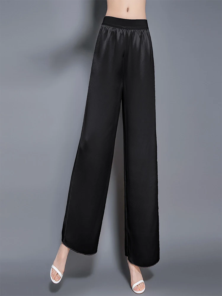 Birdtree 2023 95%Mulberry Silk Pant Korean Loose Wide-legged Real Silk Pants for Women Elastic Waist Casual Trousers B37004QD