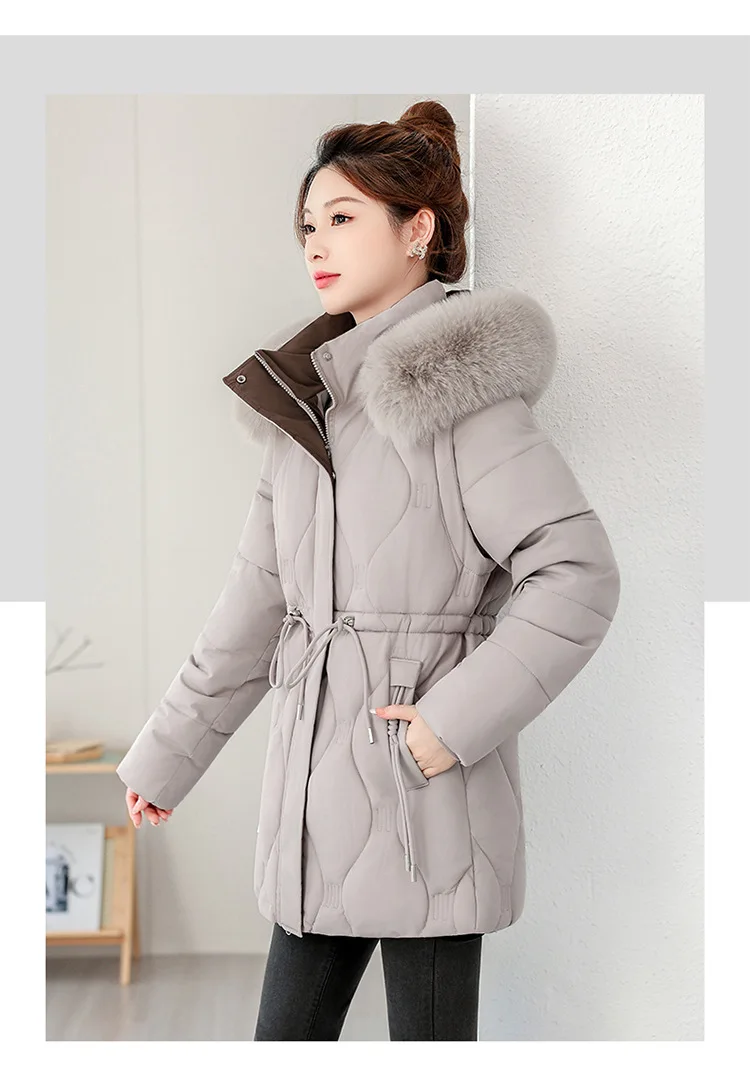Simple Solid Color Large Fur Collar Hooded Removable Long-sleeved Down Cotton Jacket Women's 2025 Winter Thickened Warm Jacket
