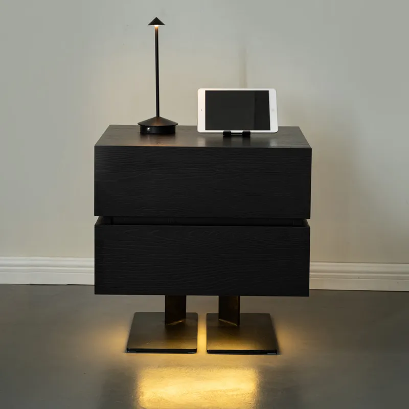 & Italian-style Modern Minimalist Nightstand with Motion-Sensor Light and Storage High-End Bedroom Side Table