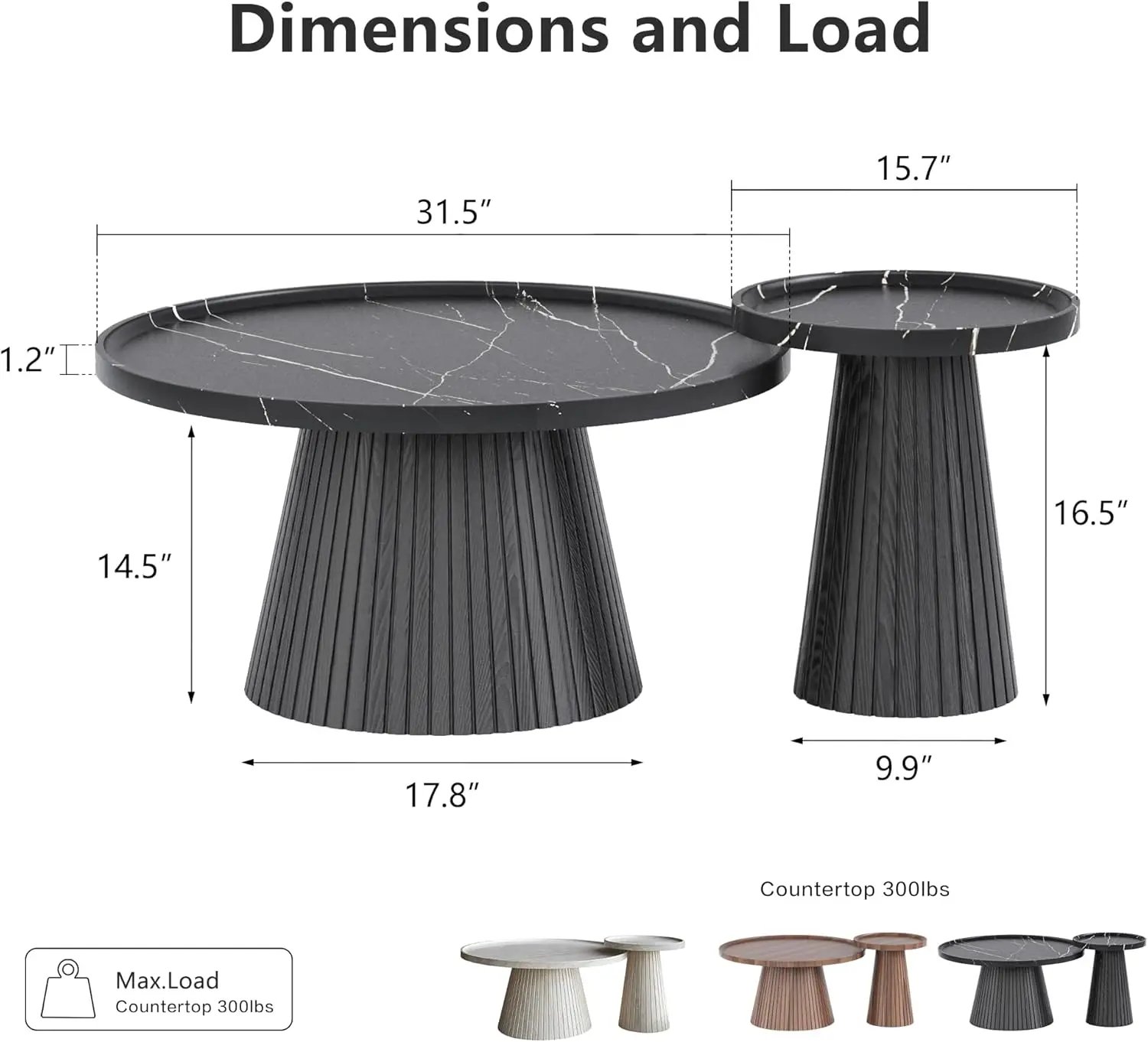 مجموعة طاولة القهوة المتداخلة مكونة من قطعتين، طاولة قهوة حديثة بقشرة رخامية، وطاولة شاي مستديرة مخددة ومجموعة نهائية، الحد الأدنى #2