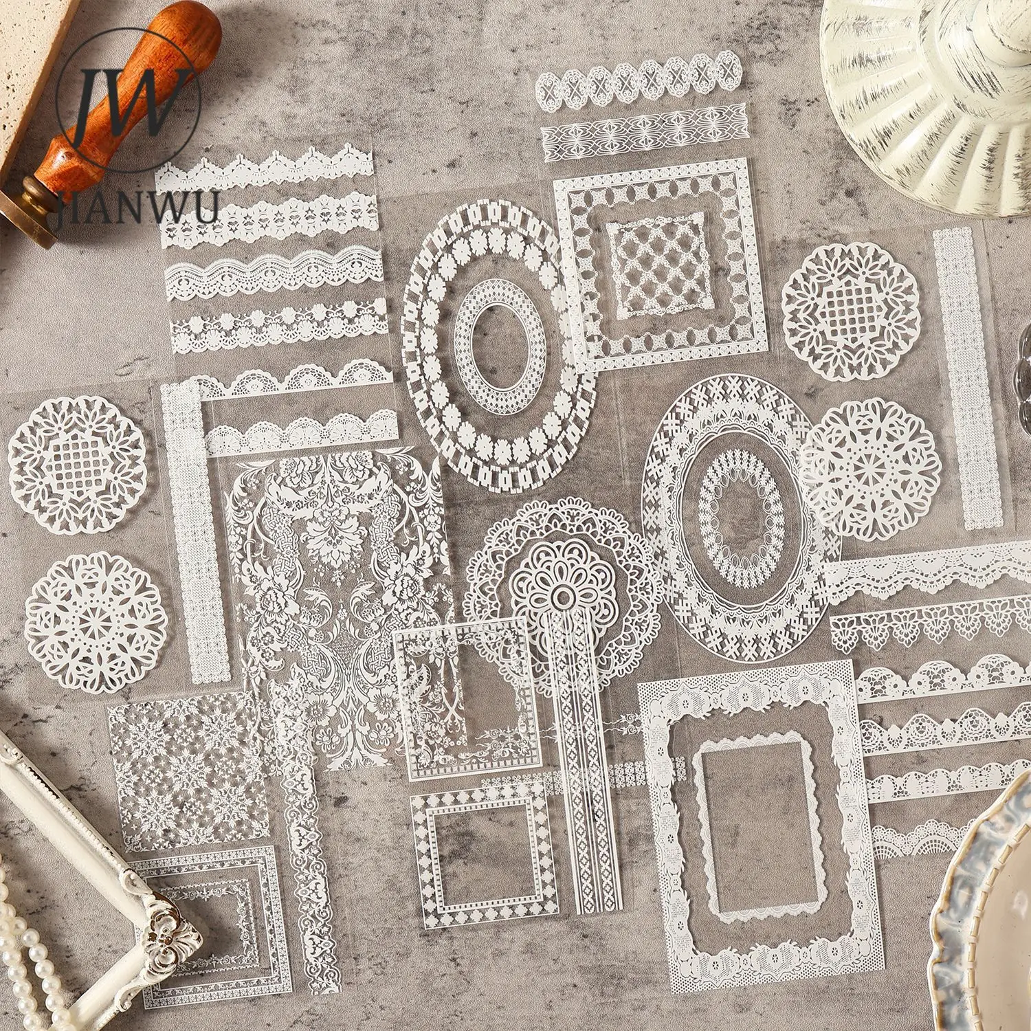 

JIANWU Lace Comic Series Vintage Lace Flower Border Landscape Material Collage PET Sticker Book Creative DIY Journal Stationery