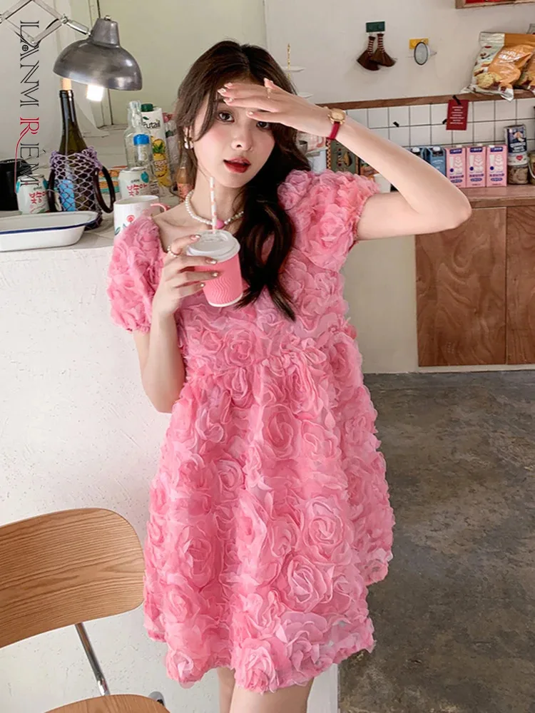 

LANMREM Sweet Floral Dress For Women Square Collar Puff Sleeves Solid Color Knee-Length Dresses 2024 Summer New Clothing 2Z1394