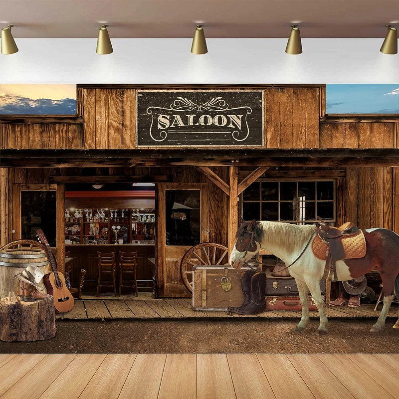 Western Cowboy Photography Backdrop Old Wild West Stable Saloon Horse Wooden Barn Wheel Vintage Retro Bar Farm Decor Background