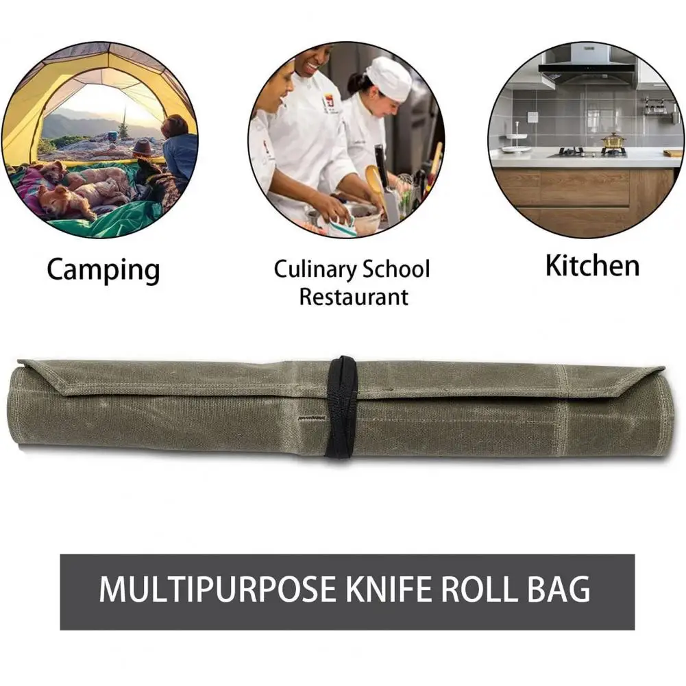 Camping Cutter Roll Waxed Canvas Cutlery Tool Roll Bag for Chefs Kitchen Cutter Set Organizer with Strap for Camping