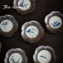 Rust Glaze Ceramic Teacups Coaster Hand-painted Orchid Art Cup Holder Coffee Heat-insulated Pad Kung Fu Tea Ceremony Accessories