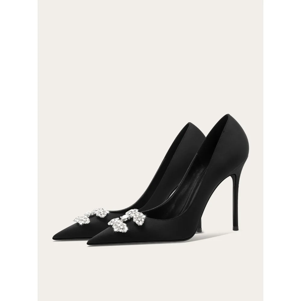 

Elegant Satin High Heels with Rhinestones Women Formal Party Shoes French Style Luxury
