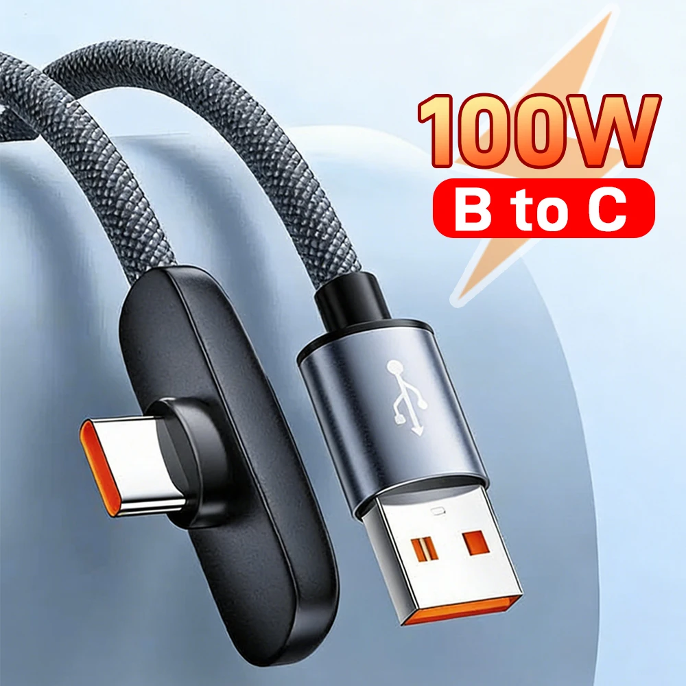 

100W 6A USB To Type C Fast Charging Cable Flat-cable 90° Elbow Braided Data Cord Charger for Smartphones Tablets and Laptops