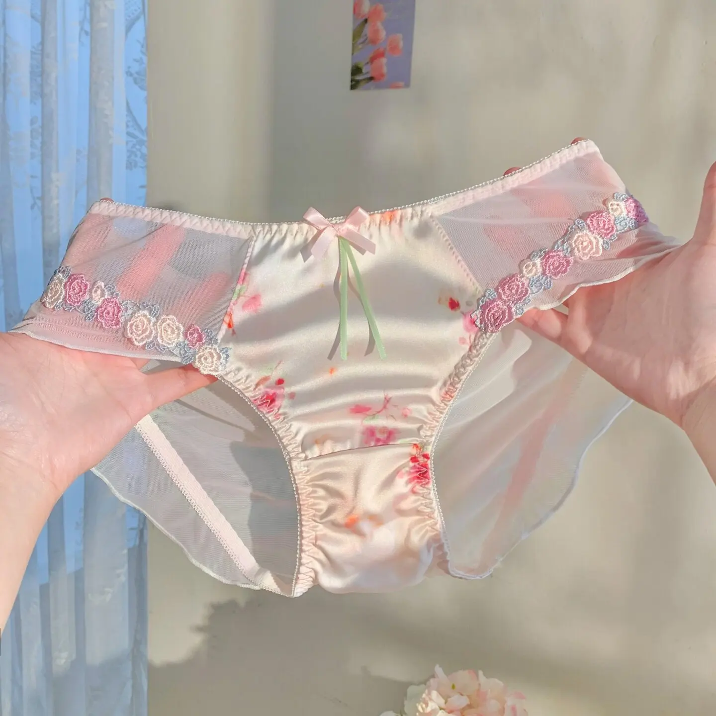Floral Embroidery Satin Lace Lolita Girl Panties High Cut Sheer Mesh Bow Girls Briefs Anti-chafing Ladies Triangle Underwear