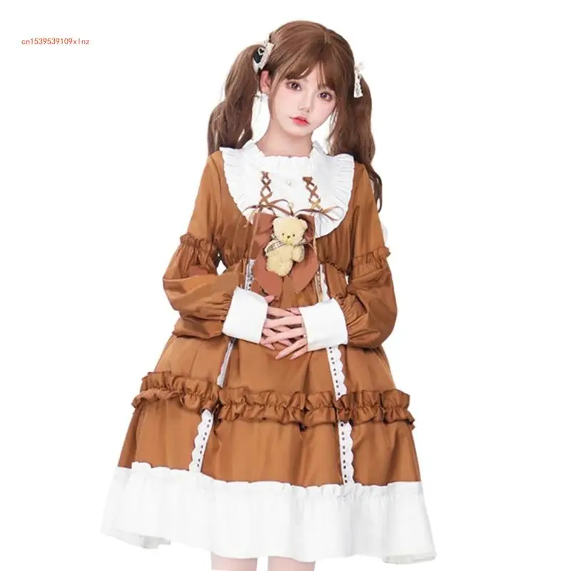 Vestido princesa com camadas renda manga comprida com laço fantasias cosplay Halloween