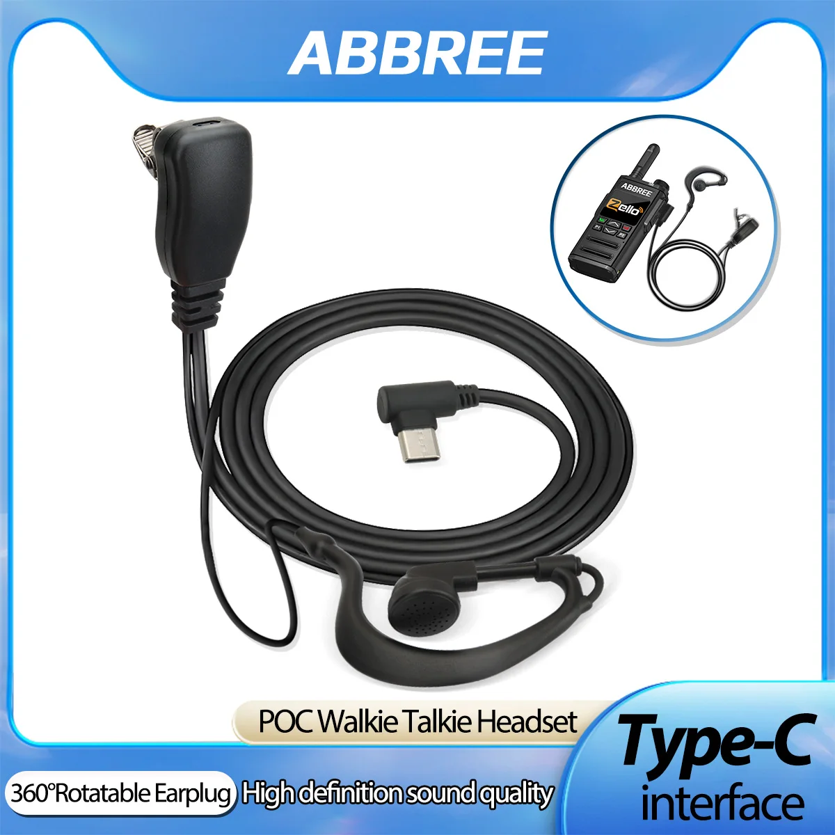 ABBREE PoC Network Walkie Talkie Headset Type-C High Definition Sound Quality Built-in PTT MIC For GP-268 GP-298 ZELLO Radio