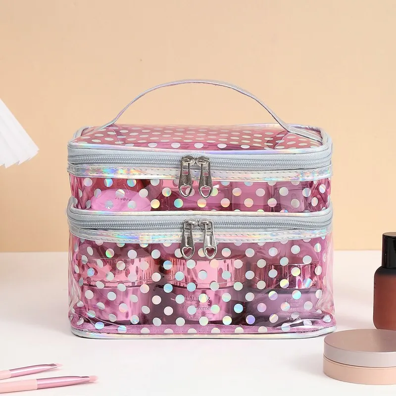 Polka dot transparent PVC double layer makeup bag Multi-functional portable waterproof makeup case large capacity travel storage