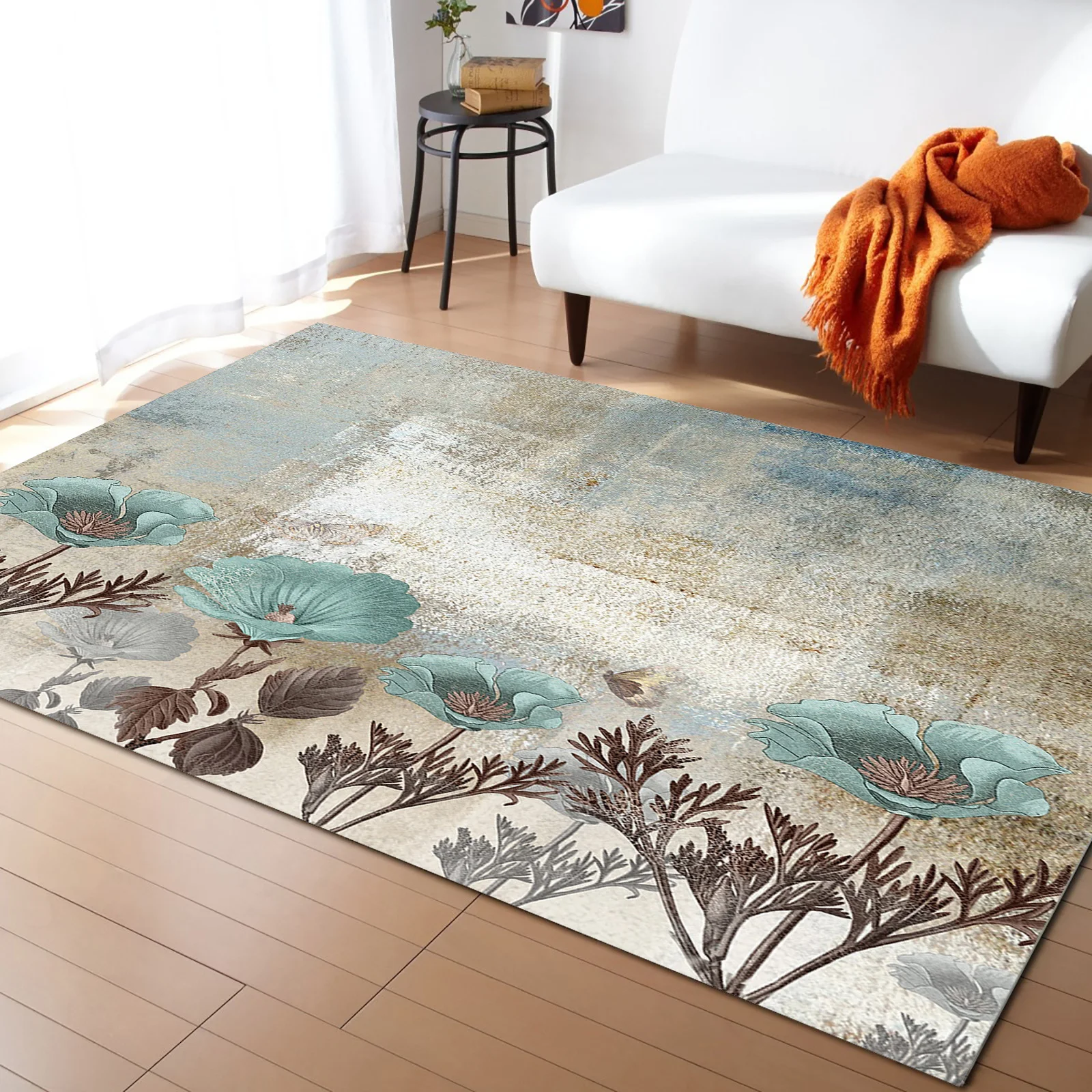 

Flower Retro Tulip Plant Living Room Carpet Coffee Table Floor Mat Study Bedroom Bedside Home Decoration Large Rug Floor Mat