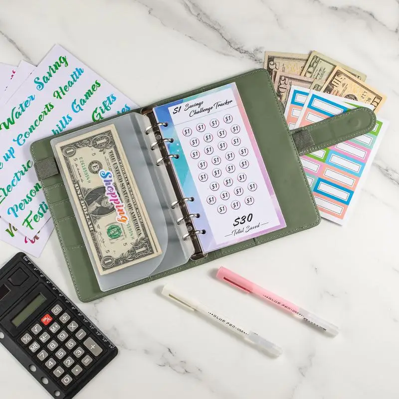 Envelope Challenge Binder Pockets 100 Envelope Savings Challenge Book PU Leather Money Challenge Binder A6 Size Budget Planner