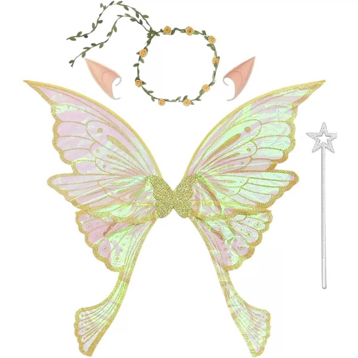 4Pcs Halloween Fairy Cosplay Set, Organza Butterfly Elf Wings Garland Elf Ears, Women Party Dress Up Costume Accessories