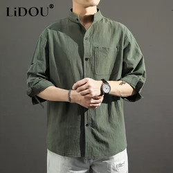 Summer Autumn Cotton Japanese Casual Loose Shirt Man Three-quarter Sleeve Stand Collar Blouse Male Solid Top Streetwear Clothes