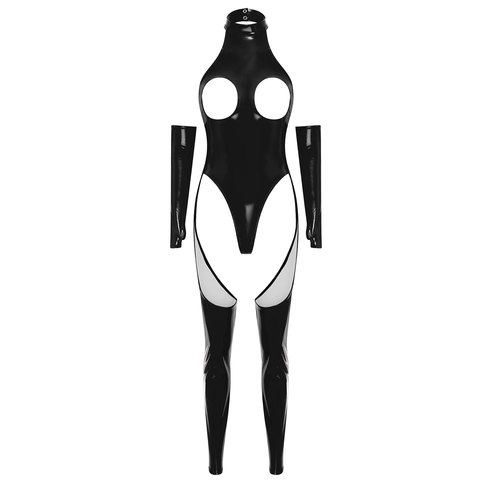 

Women Patent Leather Jumpsuit Halter Sleeveless Hollow Chest Backless Cutout Bodysuit with Gloves for Lingerie Flirting Outfits