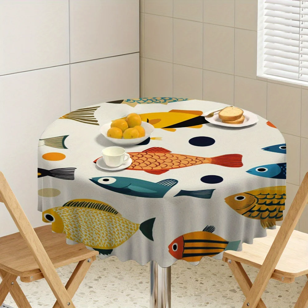 1 piece - Circular tablecloth with colorful fish pattern - Circular tablecloth, made of durable fabric, suitable for partieszyc