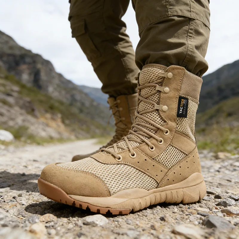 Desert High-top Military Tactical Boots Mesh Canvas Hiking Shoes with Side Zipper Lightweight Wear-resistant Nonslip for Outdoor