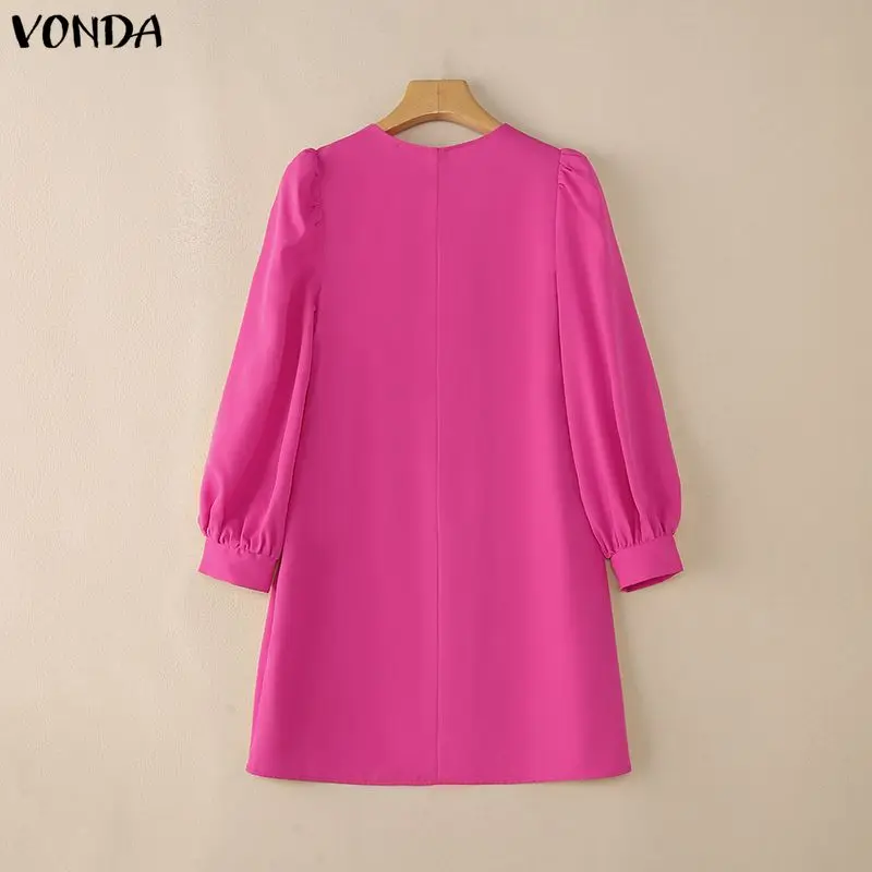 플러스 사이즈 5XL VONDA 패션 미니 드레스 여성 봄 긴 소매 파티 드레스 2026 우아한 단색 선드레스