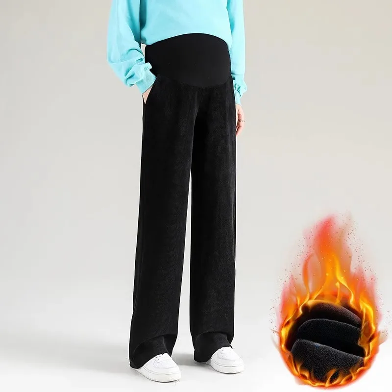 

Женские теплые широкие брюки для беременных на флисе, с высокой талией, регулируемые, свободные, прямые, осень-зима 2026