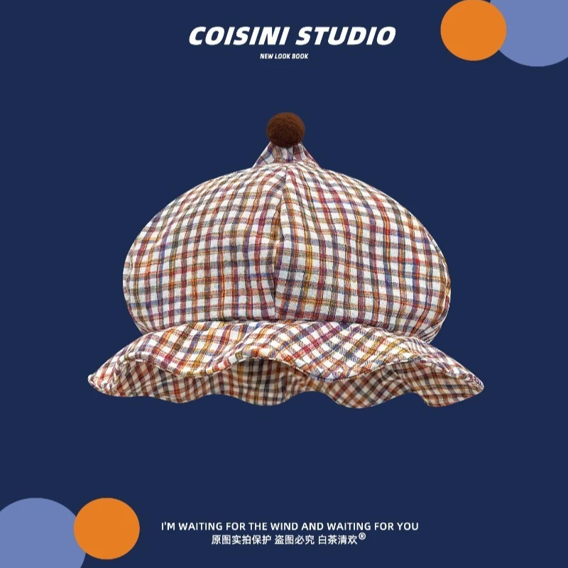 Japanese Cute Pointed Peak Plaid Bucket Hat for Women in Spring and Autumn Sunshade Ruffled Wide Brim Fashionable Basin Caps