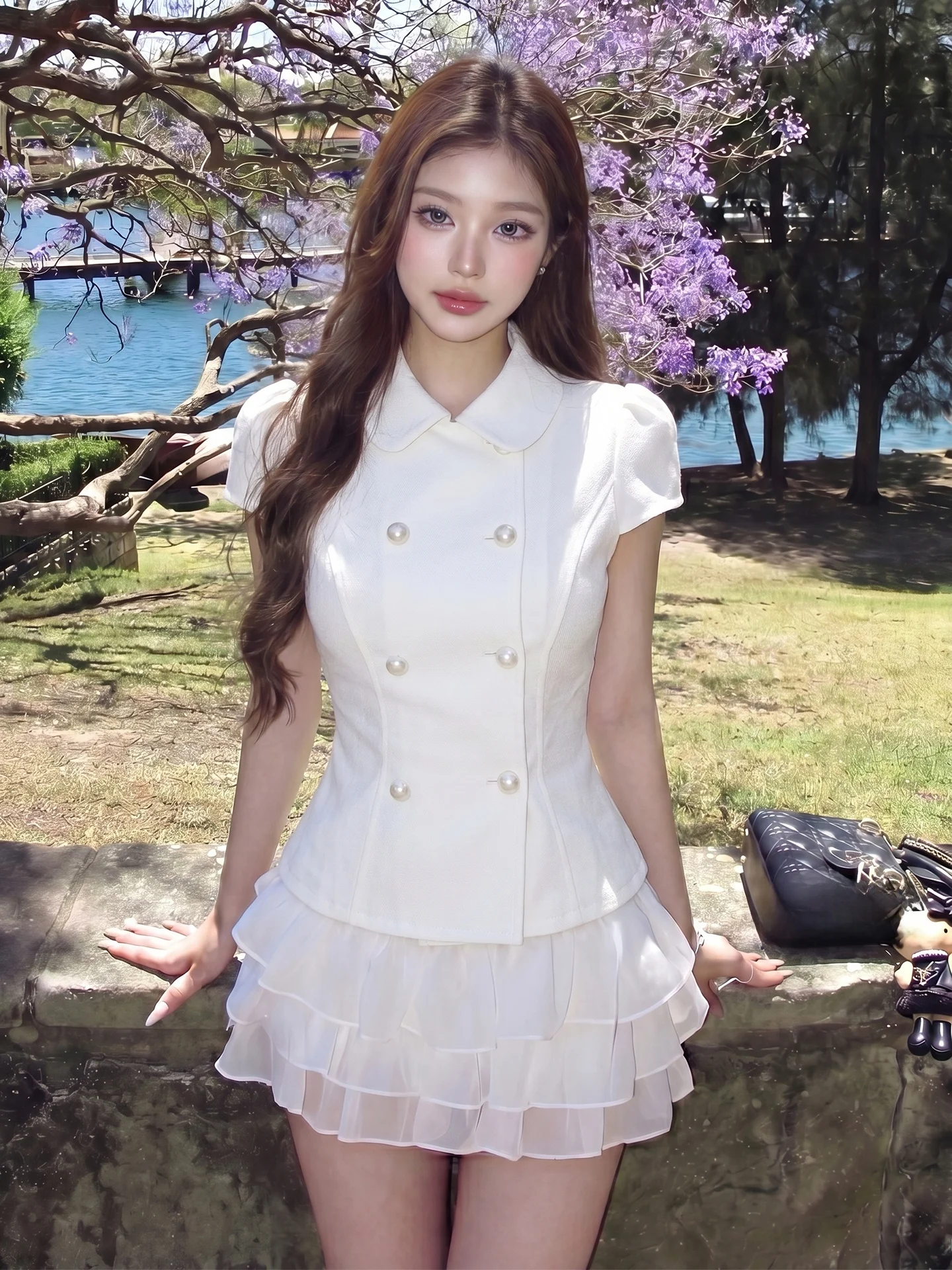 

Spring Summer Women's Slim Fit Shirt Half Sleeve Baby Doll Collar Short Sleeve Double Buttoned White Top Commute Style Regula...
