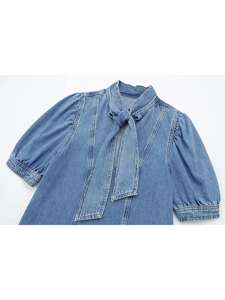 TRAF 2023 Summer New Women Denim Shirt Bow Knot Half Puff Sleeve T-Shirt and Retro Skirt Cape Skirt Street Fashion Suit