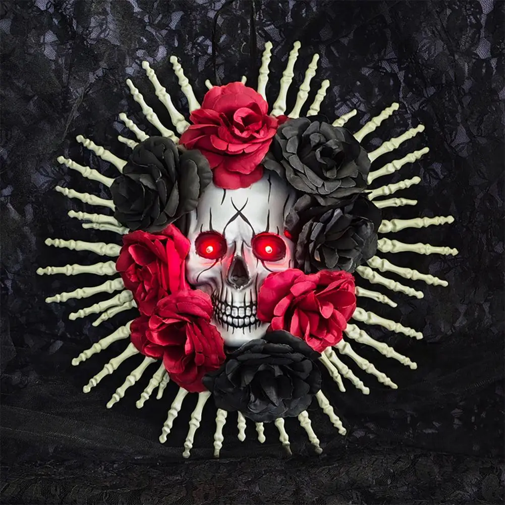 Artificial Fabric Rose Wreath Halloween Skull Wreath for Front Door Skeleton Hands with Black Roses Spooky Halloween for Home