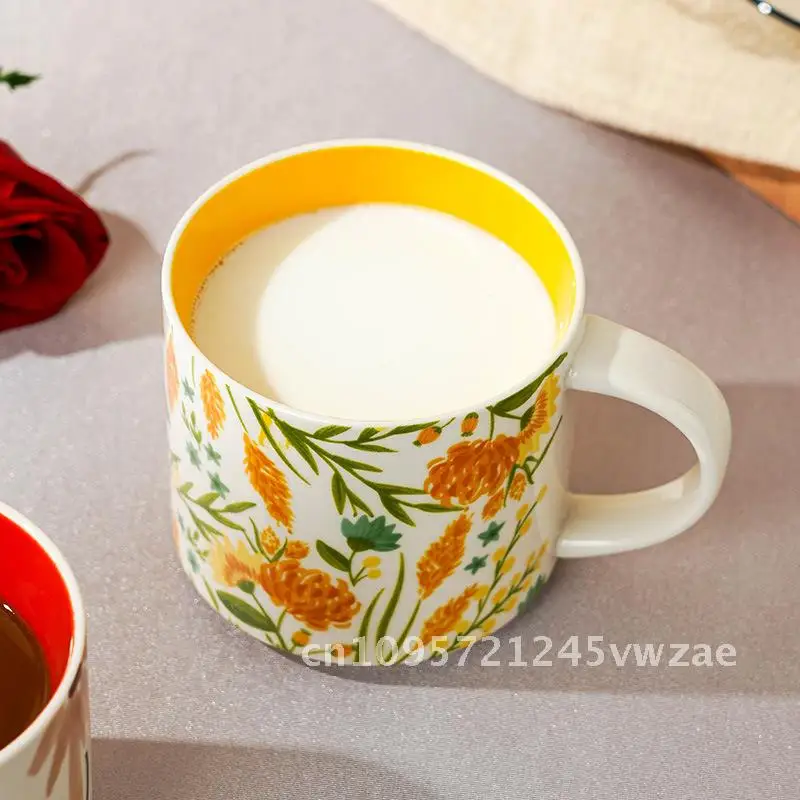 High Color Value Flower Color Glaze Ceramic Mug Mug Household Large Capacity Breakfast Cup