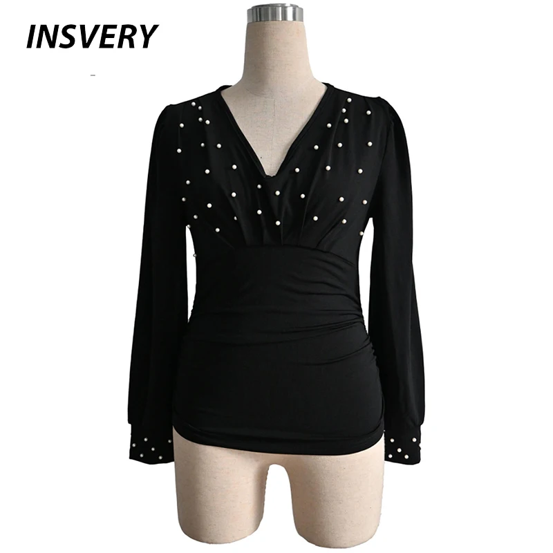 

New Elegant V Neck Long Sleeve Shirts For Women Fashion Simple Bead Design Slim Tops Pullover Female Blouse Office Lady Tops Red