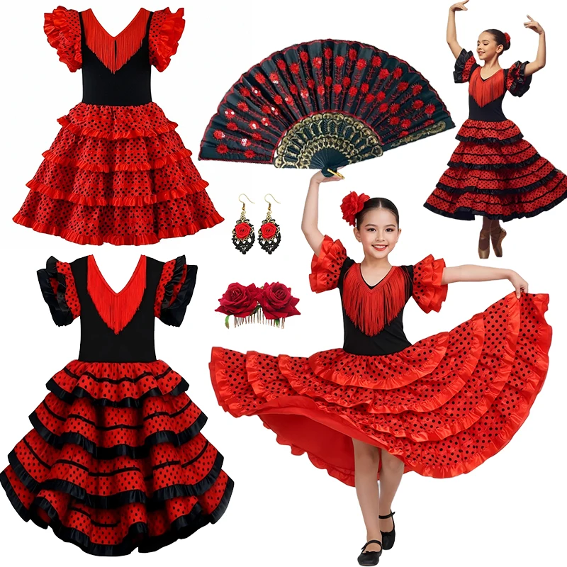 Kids Spanish Flamenco Dance Costume Red & Black Long Dress Girls Carnival Ballroom Stage Outfit for Festival Cosplay Party