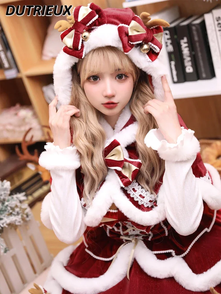 Original Christmas New Year Lolita Cute Suit Autumn Winter Hooded Cape Coat and Bow Suspender High Waist Dress Bottomed Shirt