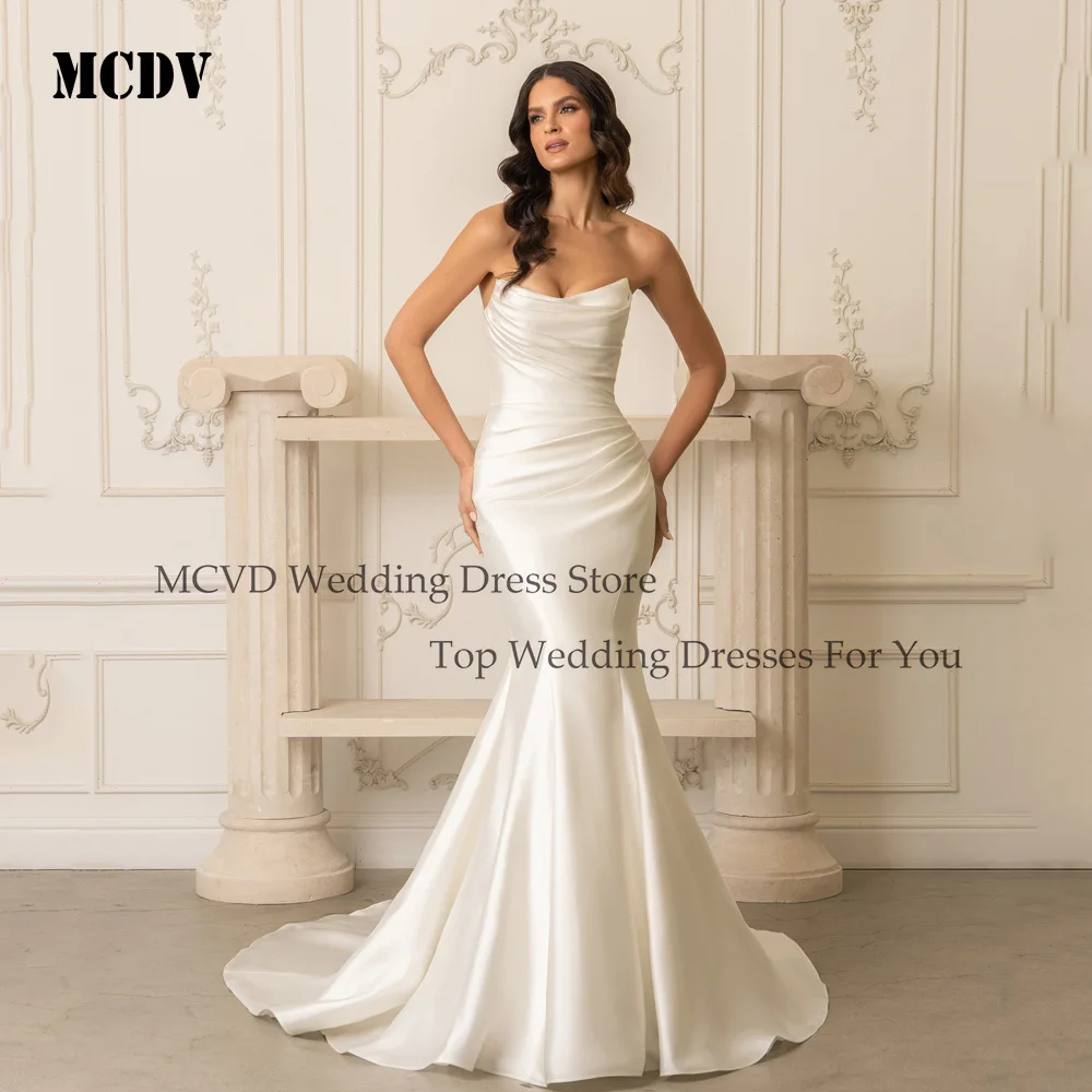 

MCDV Vintage Satin Wedding Dresses 2026 Pearls Off Shoulder Sweetheart Mermaid Ivory Bridal Gown Pleats Bride Dress Customized