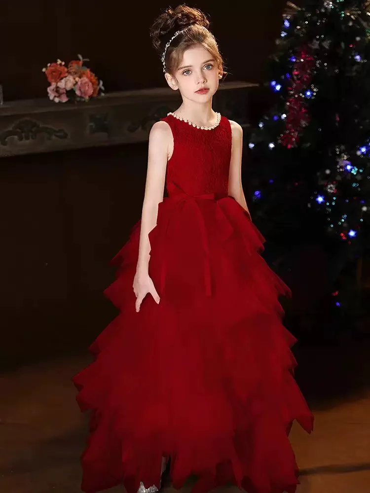 Flower Girl Wedding Party Dresses Pink Red New 2025 Girls Sleeveless Dress Round Neck Princess Gowns Long Prom Gown Customized