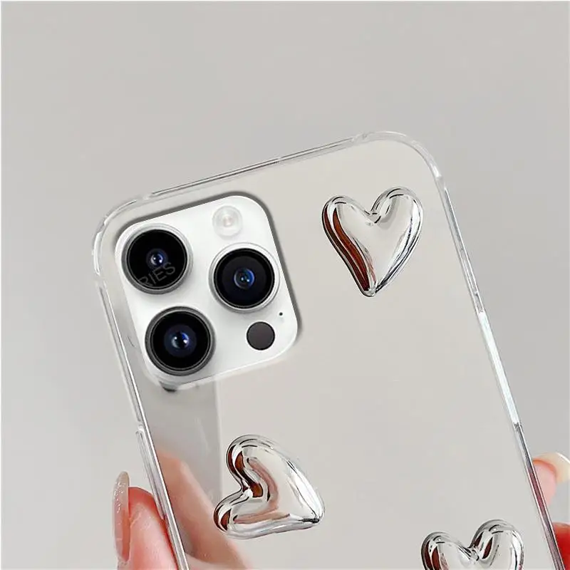 For Iphone 15 Pro Max 14 Plus 11 12 13 Mini XS XR X 8 7 SE Glossy 3D Love Heart Mirror Phone Case Iphone15 Cover 15Pro Iphone11