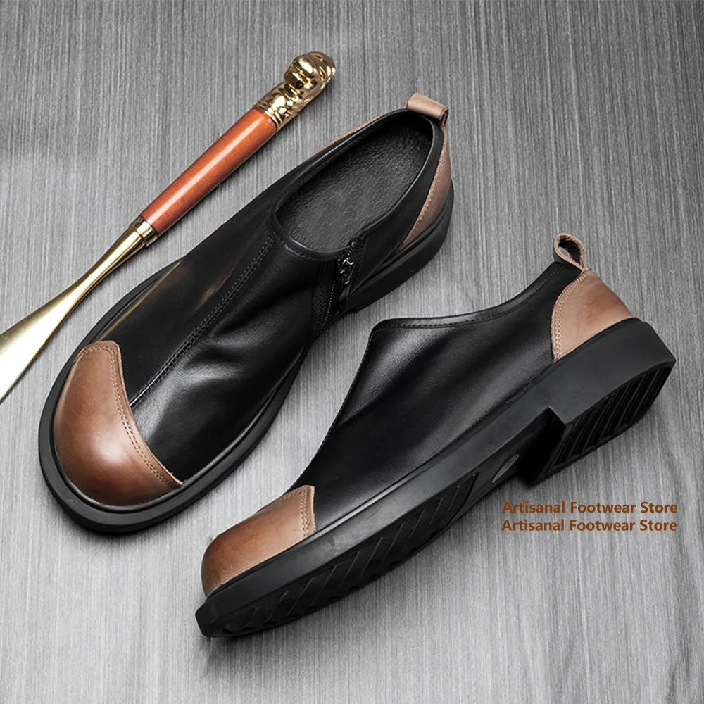 Zapatos casuales de cuero bicolor negro y marrón con cremallera lateral para hombre, mocasines sin cordones de punta redonda y plataforma baja, zapatos planos de vestir para hombre.