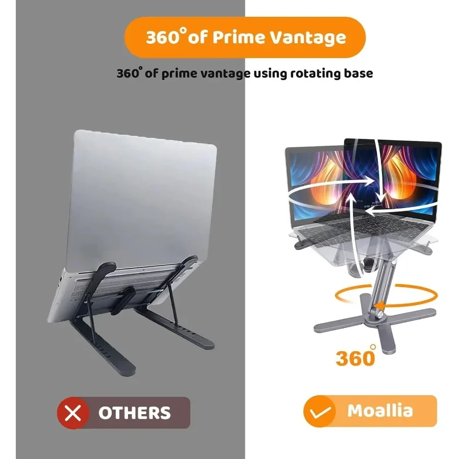 360度回転ベース付きラップトップスタンド コンピューターノートブックラップトップライザー デスク用メタルホルダー 協働作業用 完全に折りたたみ可能