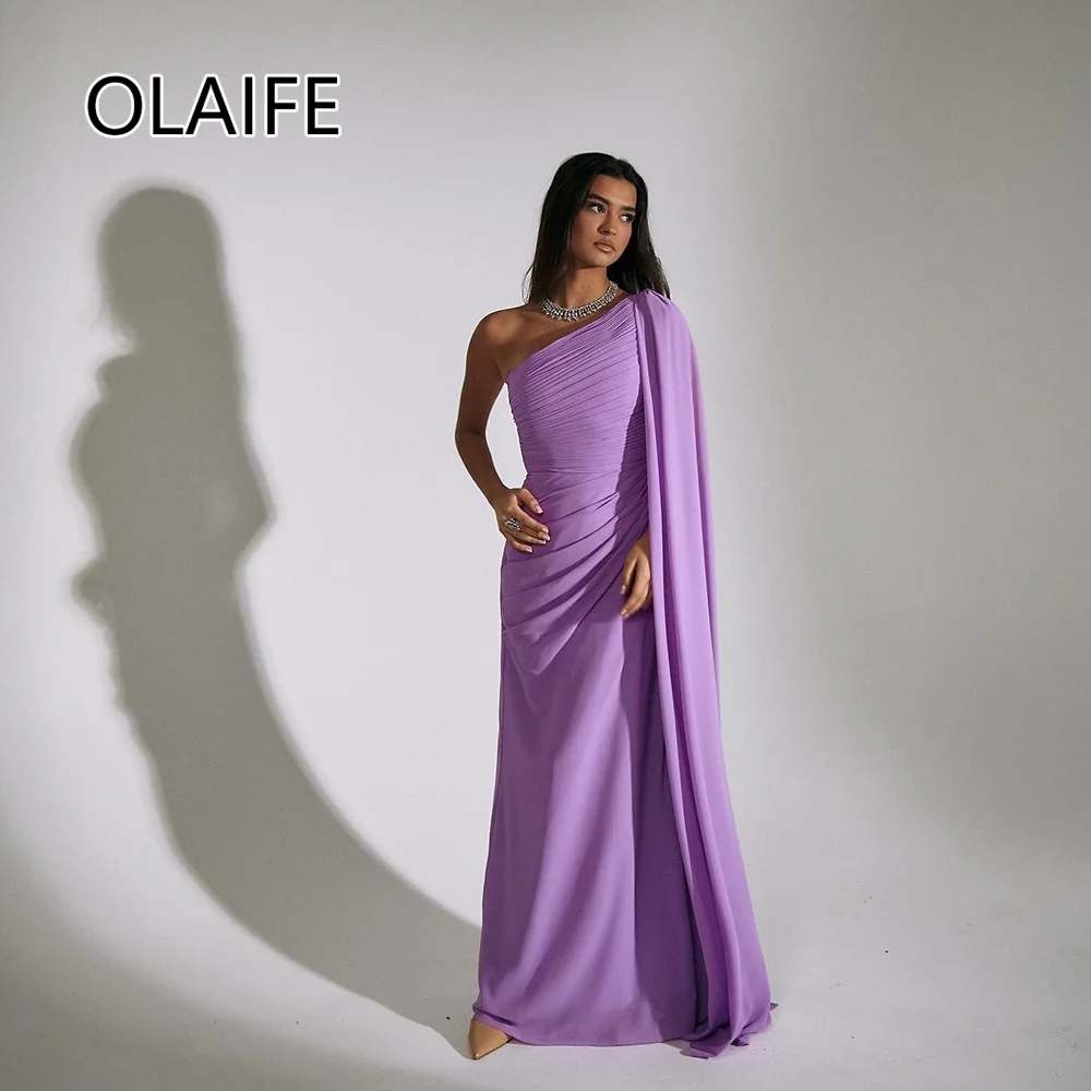 

Classic One Shoulder Chiffon Flowing Sheath Formal Evening Dress Backless Floor-Length Prom Saudi Gown with Cape Customized