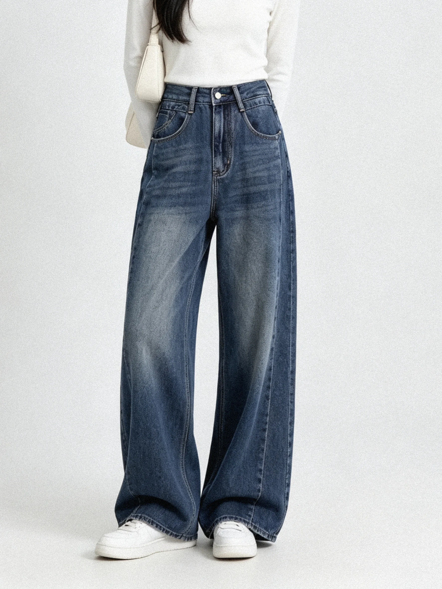 High Waist Vintage Washed Denim Knife Pants Slimming Floor-Length Trousers Korean Style Wide Leg Pants Autumn New Arrival