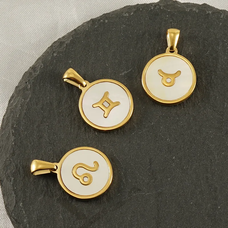 10pcs/Lot Stainless Steel 18K Gold Plated Round White Shell Base Zodiac Pendant Without Chain For Women Jewelry Bulk Sale