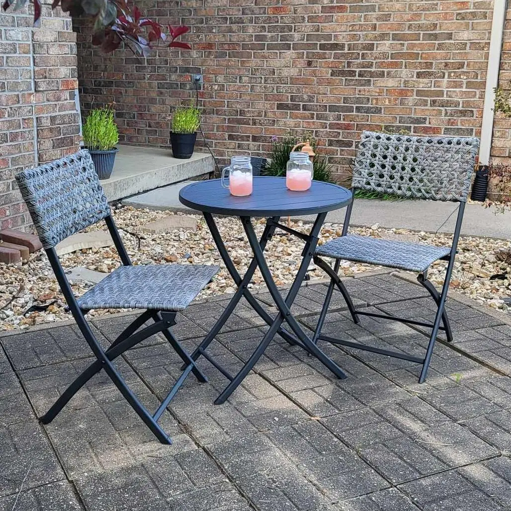 

3 Piece Folding Outdoor Bistro, Wicker Furniture Table and Chairs for Garden, Backyard, Porch, Patio Conversation Set,Grey/Black