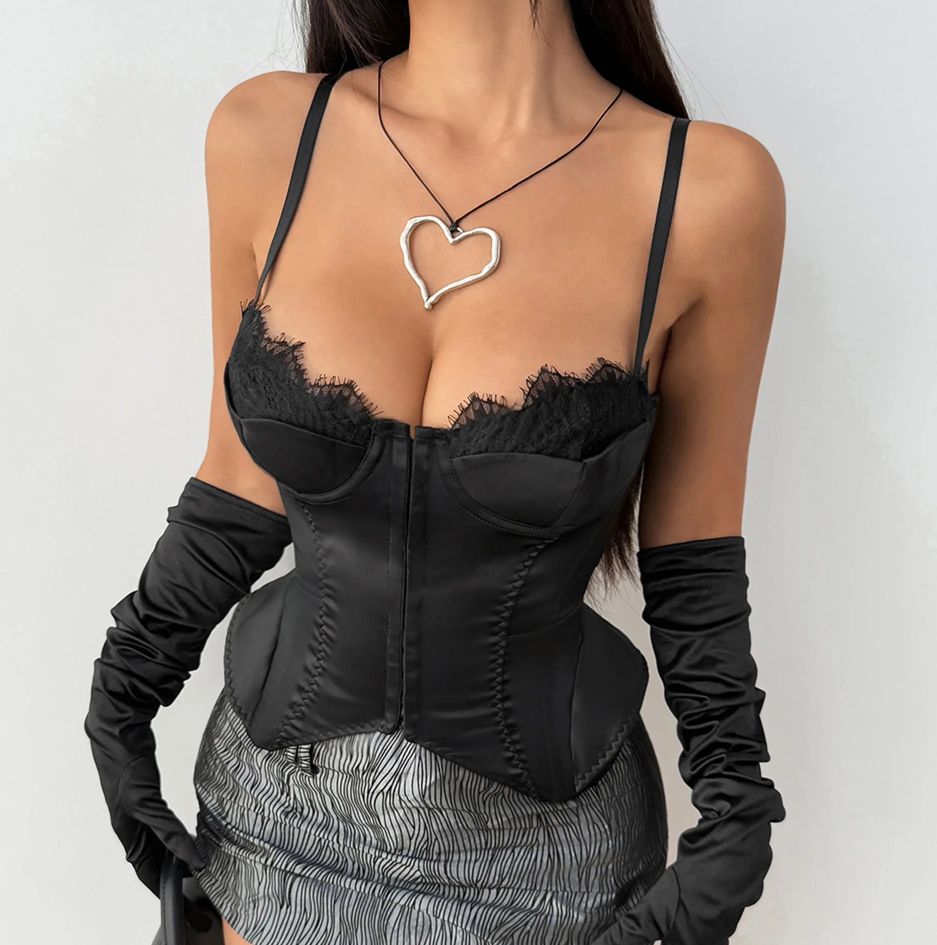 Sexy Women Leopard Black Camis Corset Lace Patchwork Satin Sleeveless Slim Tank Top Y2k Spicy Girl Summer Party Club