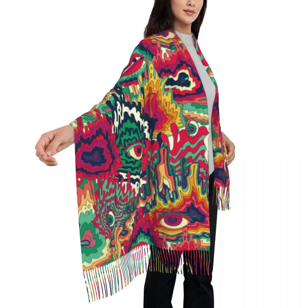 Personalized Printed Abstract Colorful Psychedelic Long Pile Fringe Men Scarf Women'S Anti Chill 