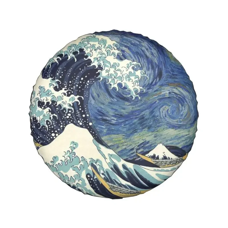 Starry Night Great Wave Off Kanagawa Spare Wheel Tire Cover for Toyota Land Cruiser Prado Jeep RV SUV 4WD 4x4 14