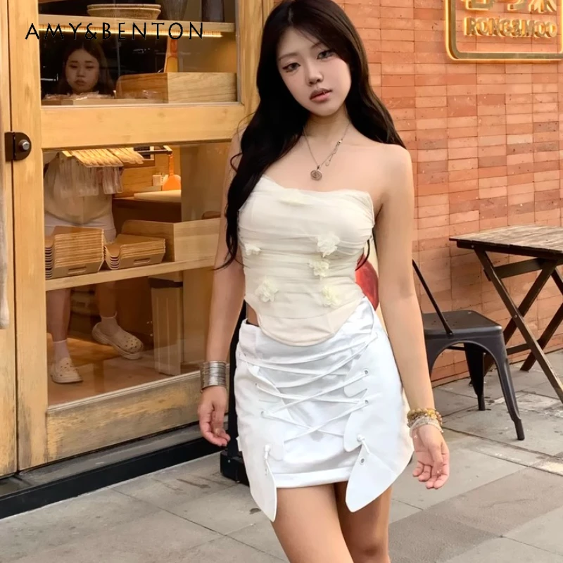 

Original Design White Lace-up Irregular Wave Women's Mini Skirt 2025 Summer New High Waist Thin Versatile Short Skirts Ladies