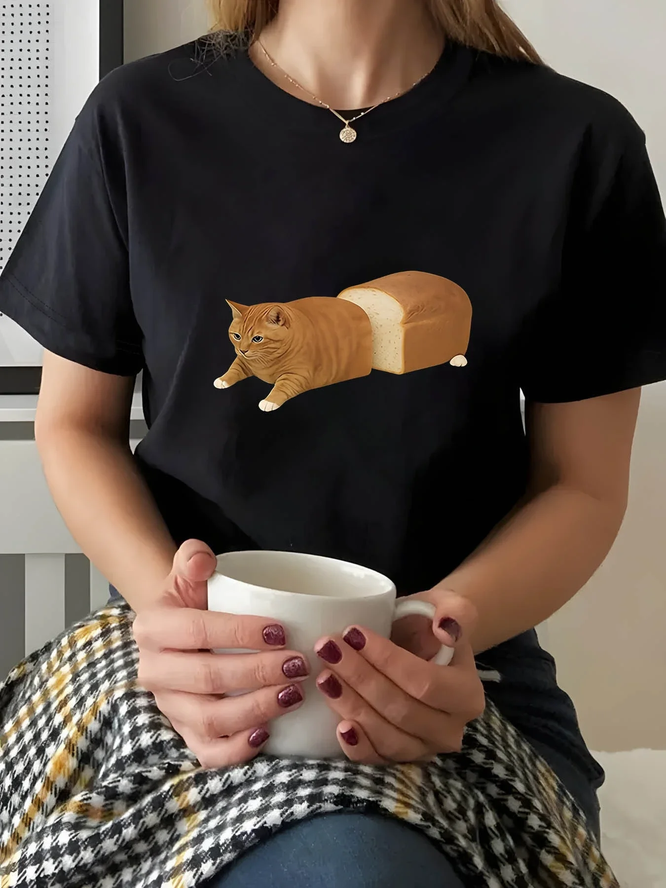 

Women's T-shirt Short Sleeve Cat & Bread Graphic Print Crew Neck Casual Top For Summer & Spring