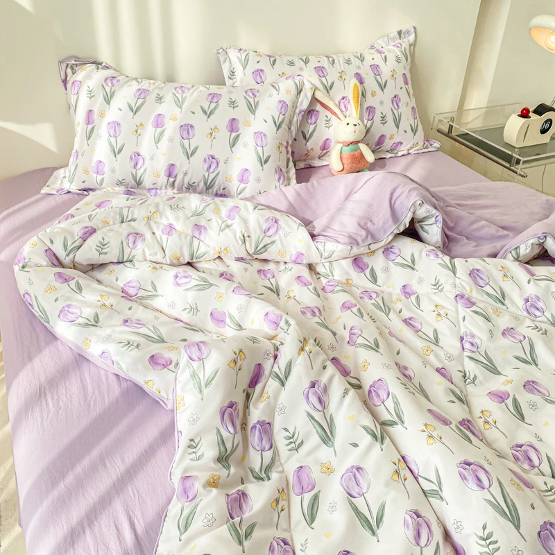 Purple Flowers Print Quilt Summer Cooling Blanket Single Double Queen Size Bed Comforters Air Conditioning Quilt Light Duvet