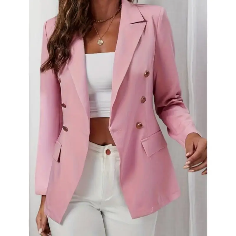 

Women's Pink Double-Breasted Suit Jaet Gold Color Autumn Season Casual Sport Suit Top with Seven-Length Sve orts