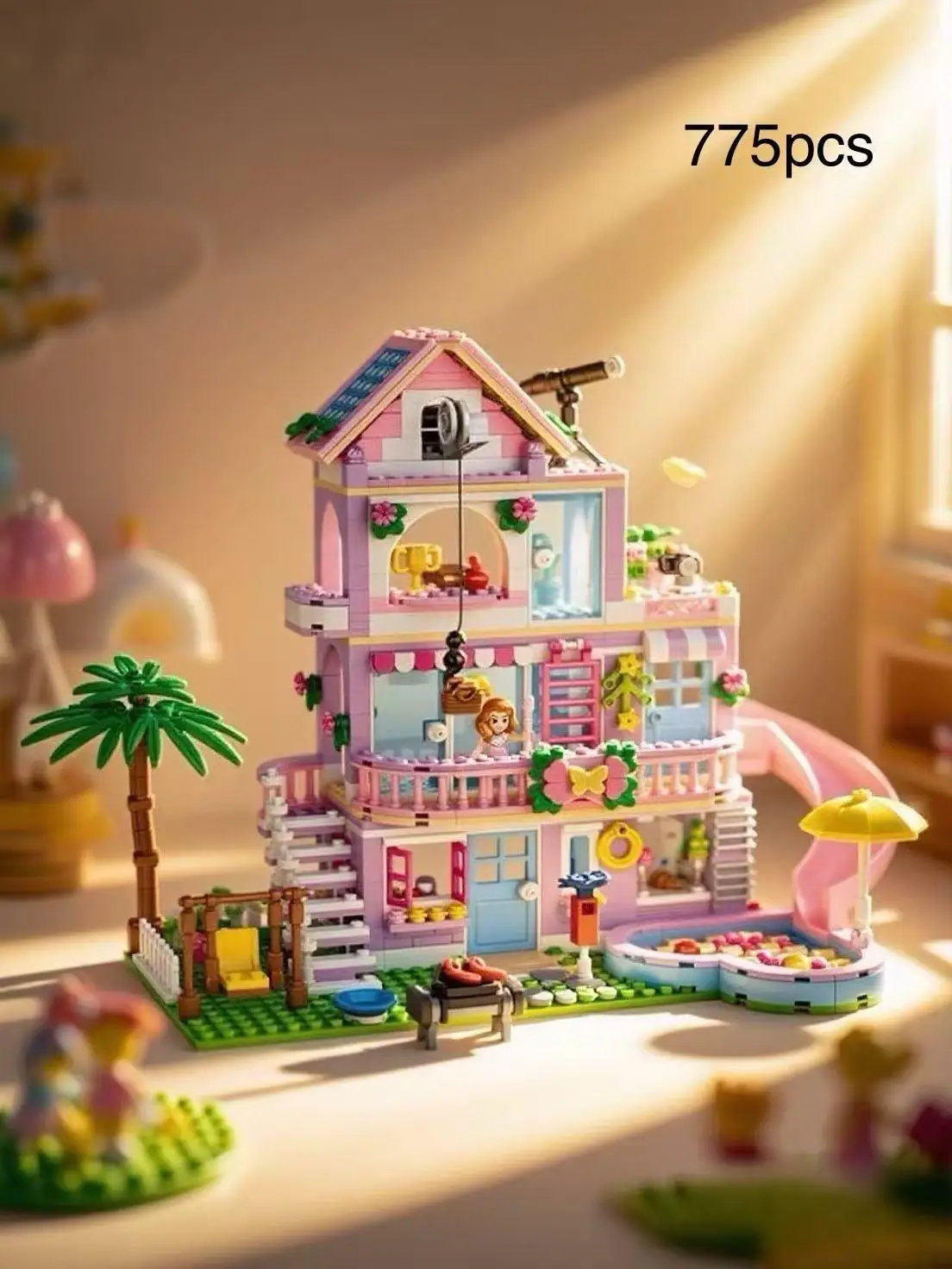 

Beachfront Mansion Building Blocks with Playground, DIY Miniature Model Kit for Adults - Creative Display Gift Idea