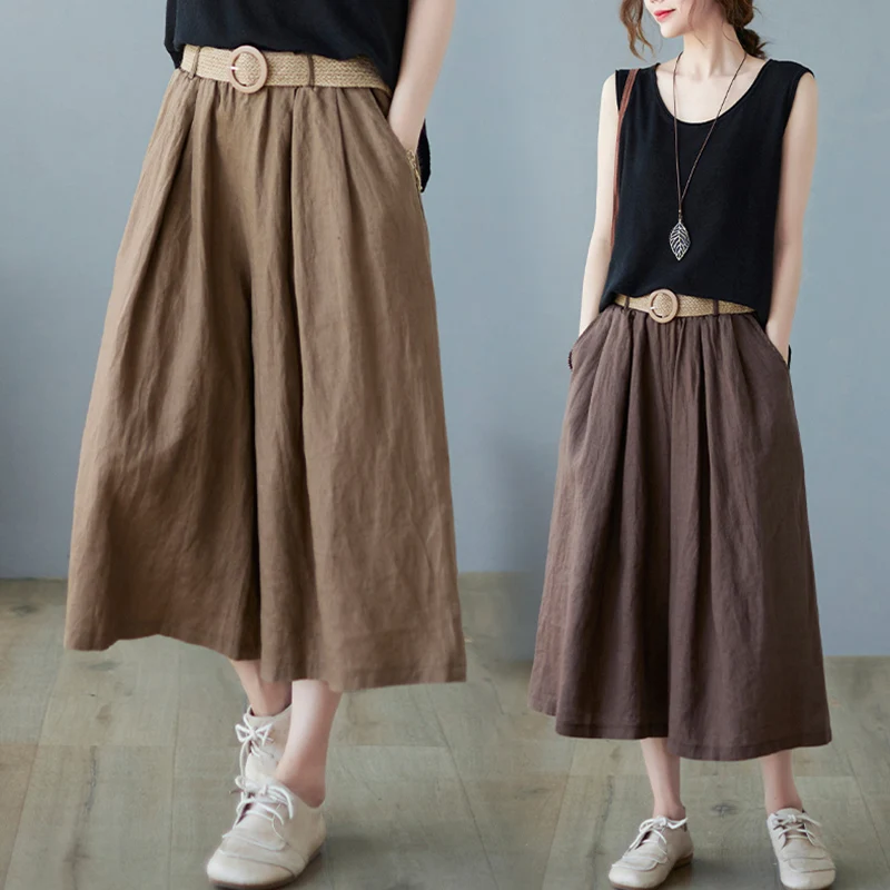 

Cotton Linen Color Casual Pants plus Size Women's Loose Wide Leg A-Line Trousers Elastic Waist Big Thighs Seven-Foot Pants